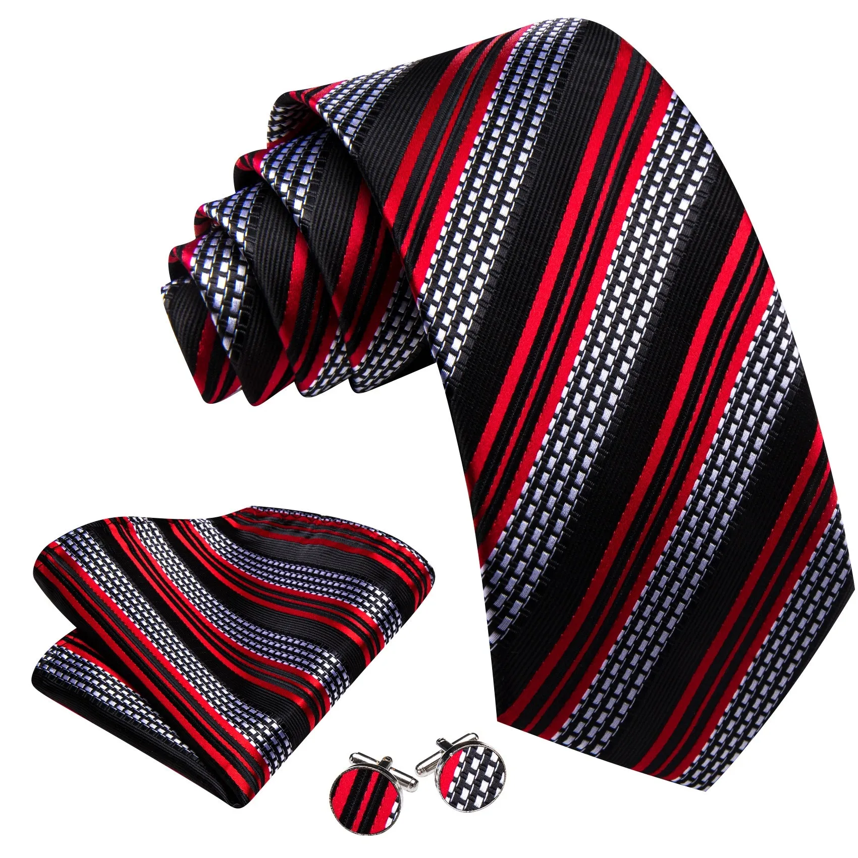 Barry. Wang Men's Black Red Silver Tie Striped Tie Pocket Square Cufflinks Set sold by Barrywang product image thumbnail 2