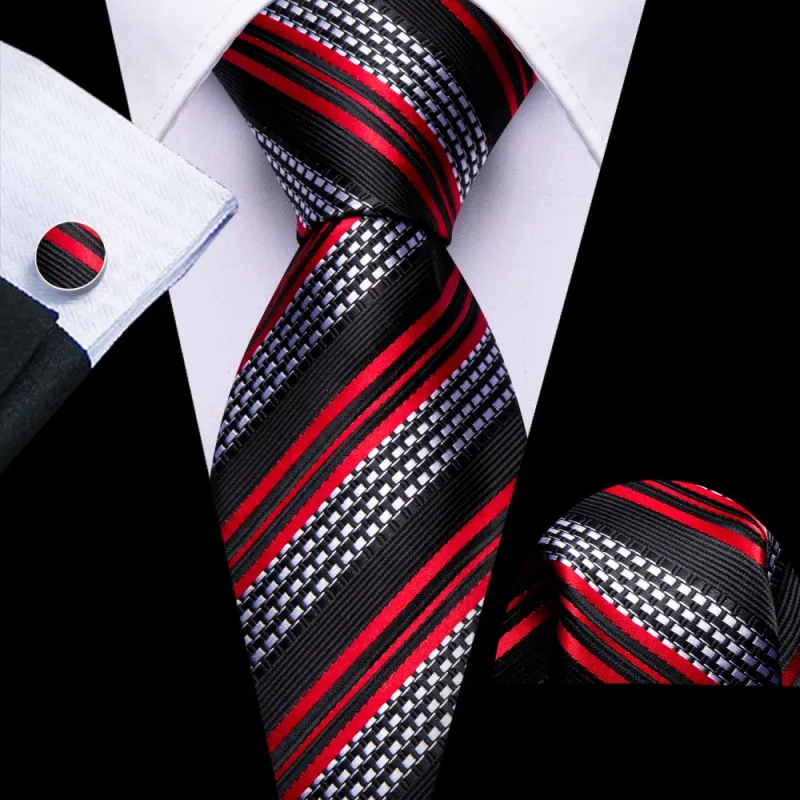 Barry Wang Men's Black Red Silver Tie Striped Tie Pocket Square Cufflinks Set sold by Barrywang