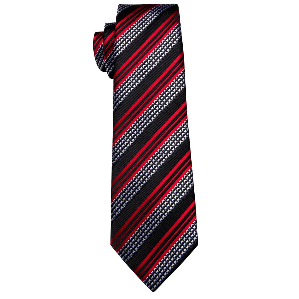 Barry. Wang Men's Black Red Silver Tie Striped Tie Pocket Square Cufflinks Set sold by Barrywang product image thumbnail 4