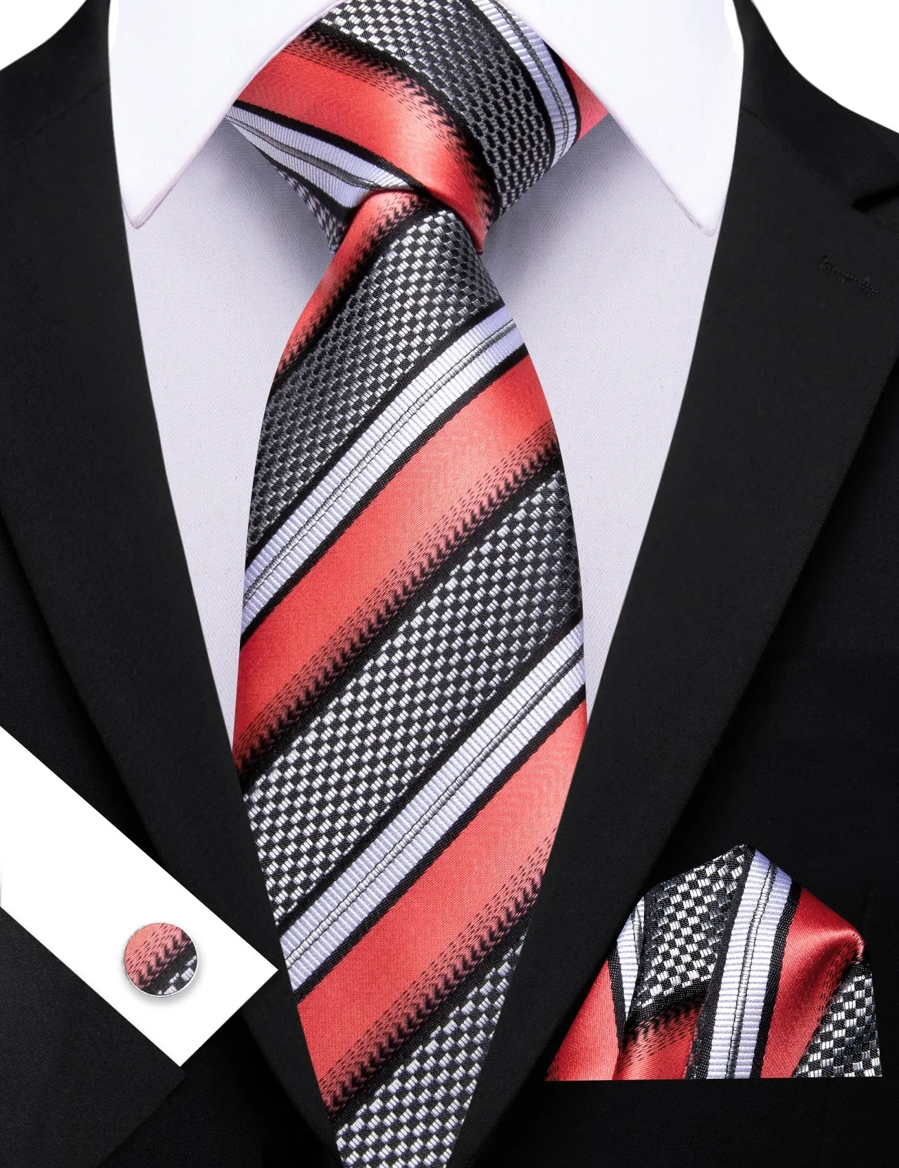 Barry. Wang Salmon White Grey Tie Striped Tie Silk Tie Pocket Square Cufflinks Set sold by Barrywang