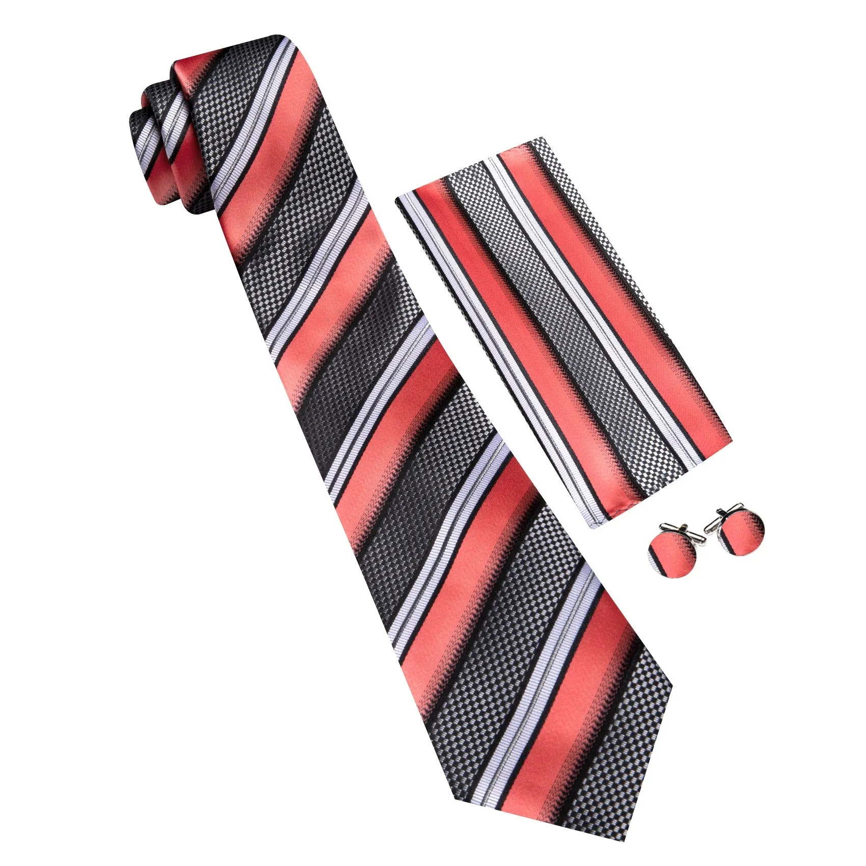 Barry. Wang Salmon White Grey Tie Striped Tie Silk Tie Pocket Square Cufflinks Set sold by Barrywang product image thumbnail 2