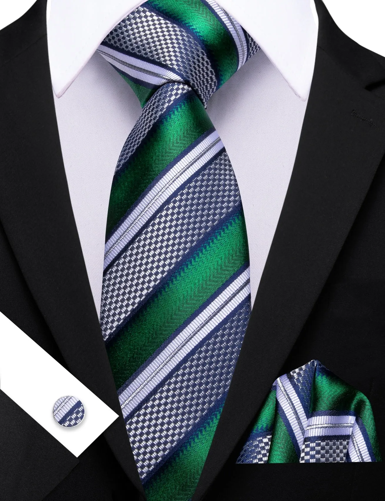 Barry. Wang Salmon White Grey Tie Striped Tie Silk Tie Pocket Square Cufflinks Set sold by Barrywang product image thumbnail 5