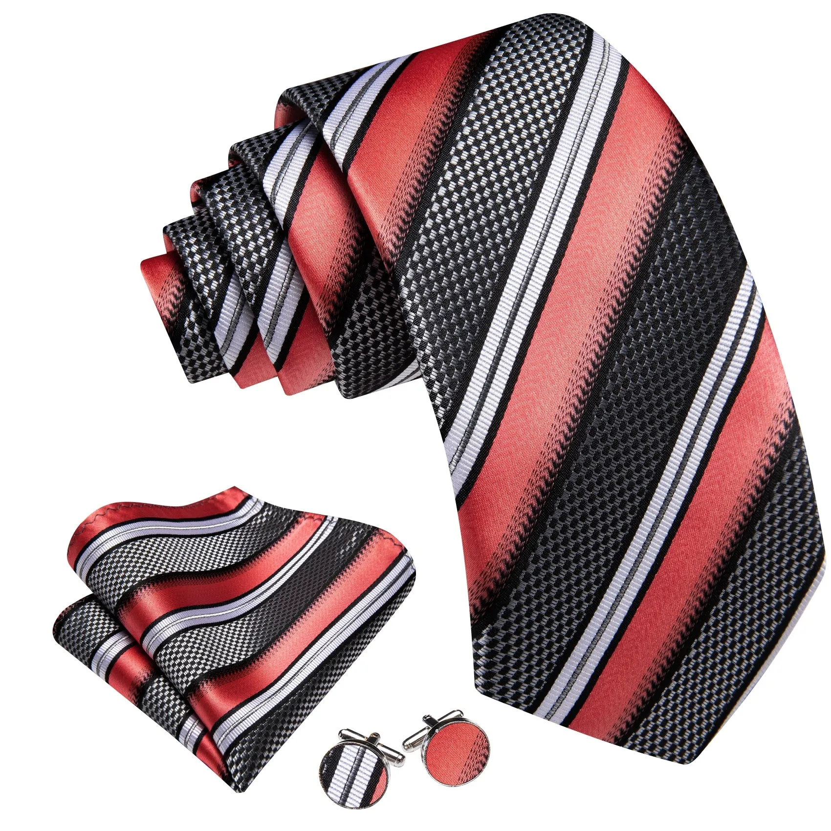 Barry. Wang Salmon White Grey Tie Striped Tie Silk Tie Pocket Square Cufflinks Set sold by Barrywang product image thumbnail 3