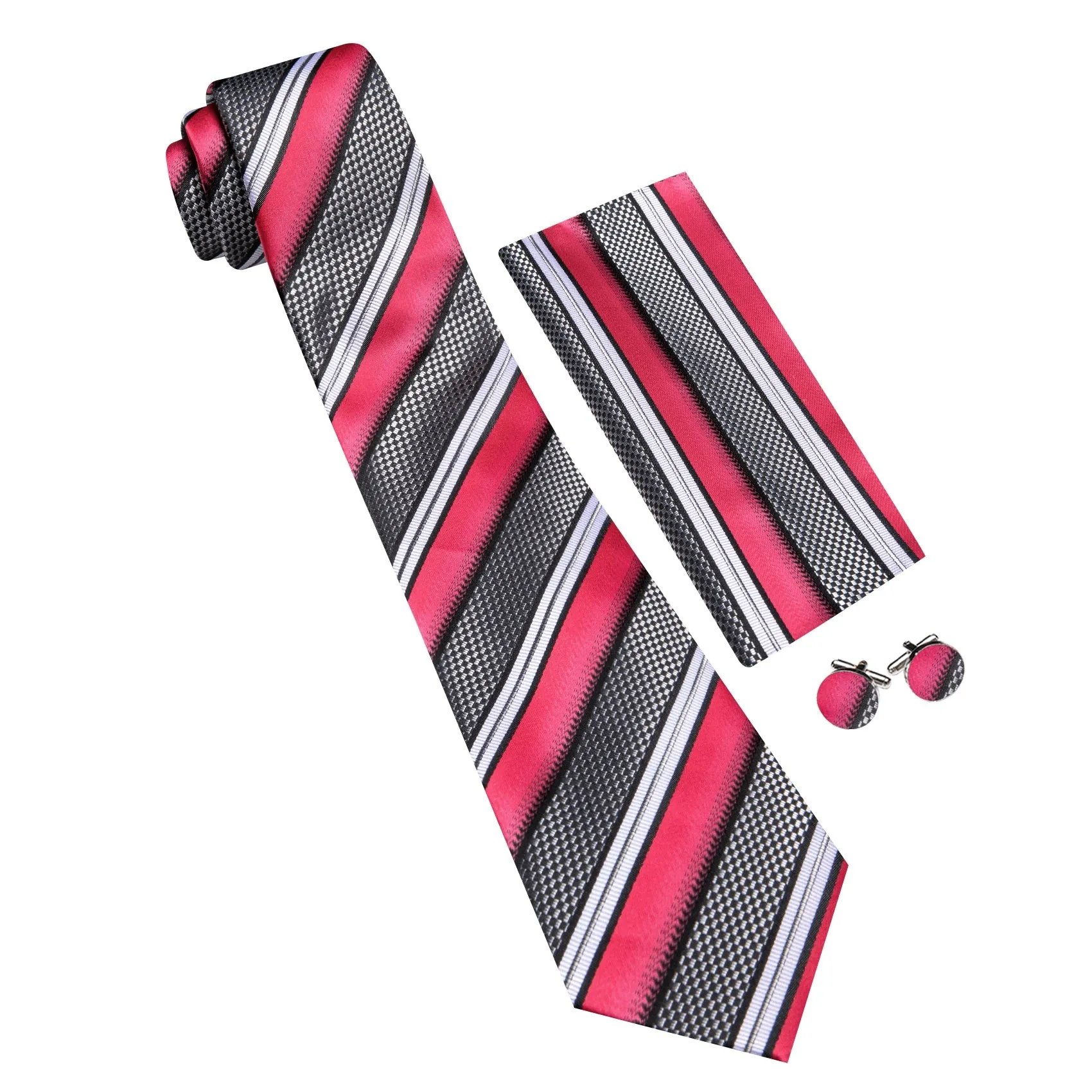 Barry. Wang Dark Pink White Grey Tie Striped Tie Silk Tie Pocket Square Cufflinks Set sold by Barrywang product image thumbnail 2