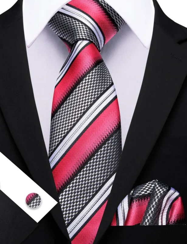 Barry Wang Dark Pink White Grey Tie Striped Tie Silk Tie Pocket Square Cufflinks Set sold by Barrywang