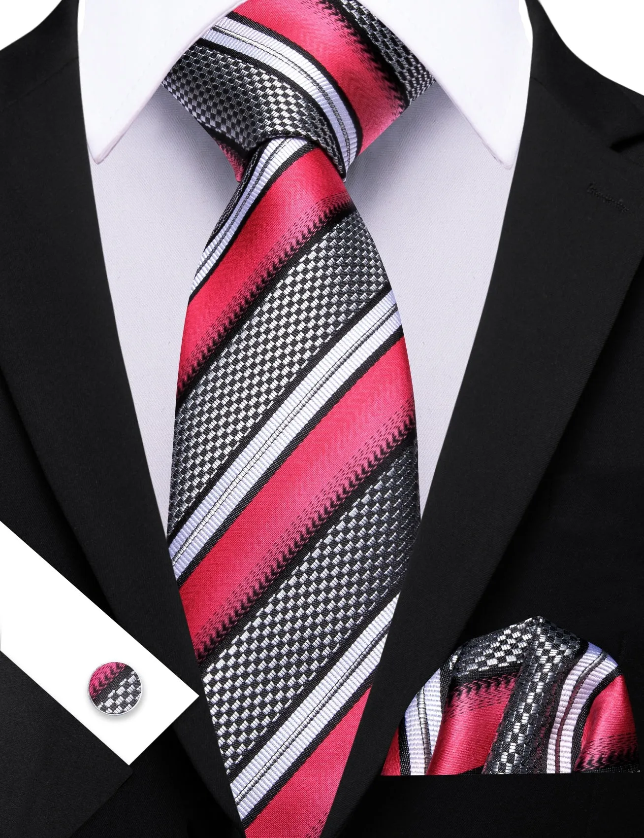 Barry. Wang Dark Pink White Grey Tie Striped Tie Silk Tie Pocket Square Cufflinks Set sold by Barrywang