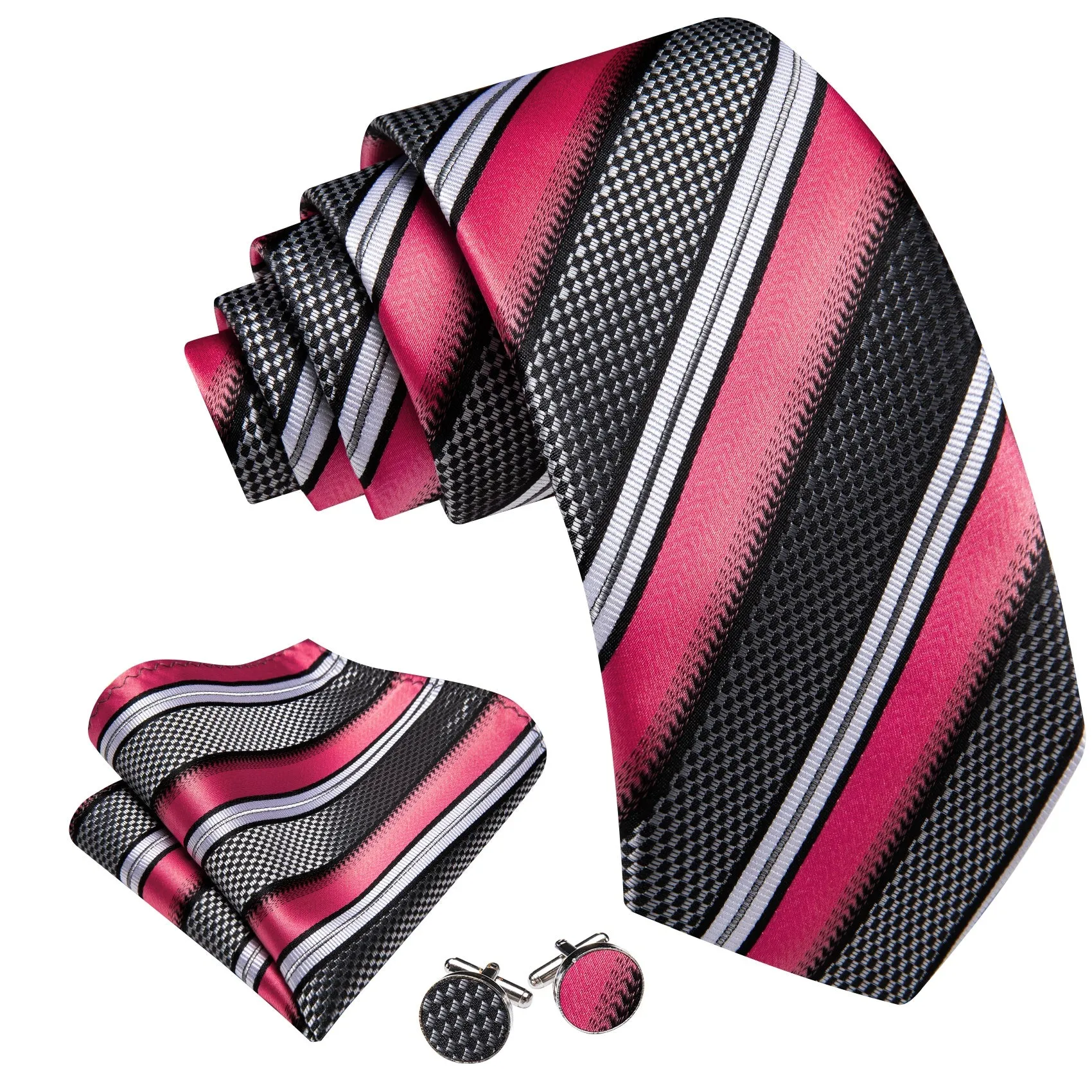 Barry. Wang Dark Pink White Grey Tie Striped Tie Silk Tie Pocket Square Cufflinks Set sold by Barrywang product image thumbnail 3
