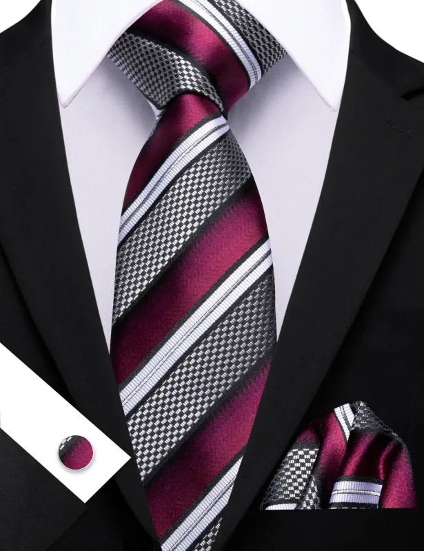 Barry. Wang Dark Purple White Grey Tie Striped Tie Silk Tie Pocket Square Cufflinks Set sold by Barrywang