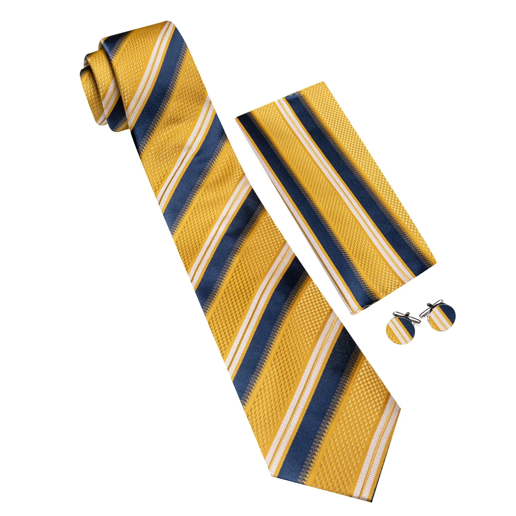Barry. Wang Yellow Tie Blue Striped Tie Silk Tie Pocket Square Cufflinks Set For Men sold by Barrywang product image thumbnail 2
