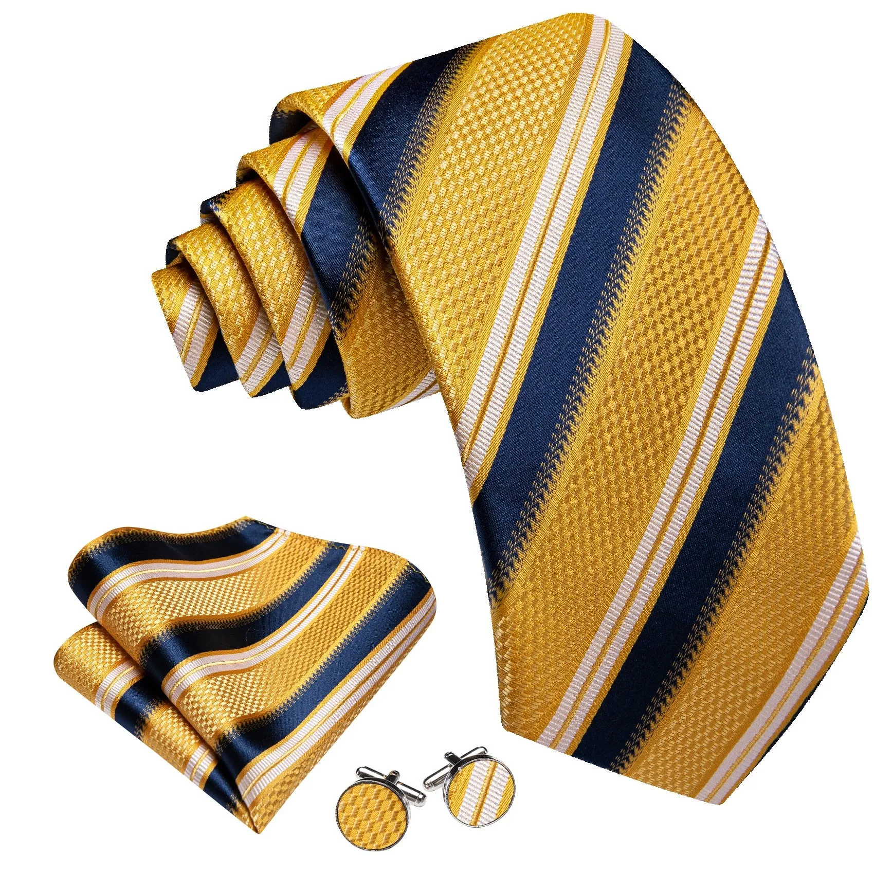 Barry. Wang Yellow Tie Blue Striped Tie Silk Tie Pocket Square Cufflinks Set For Men sold by Barrywang product image thumbnail 3