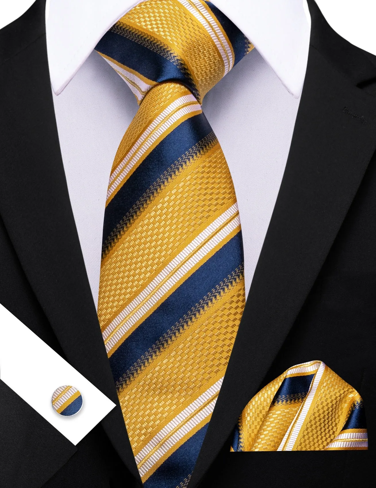 Barry. Wang Yellow Tie Blue Striped Tie Silk Tie Pocket Square Cufflinks Set For Men sold by Barrywang