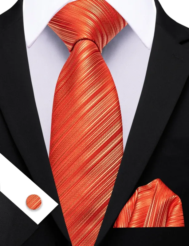 Barry Wang Orange Striped Tie Silk Tie Pocket Square Cufflinks Set sold by Barrywang