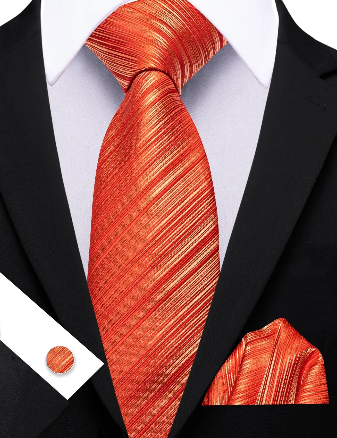 Barry Wang Orange Striped Tie Silk Tie Pocket Square Cufflinks Set sold by Barrywang