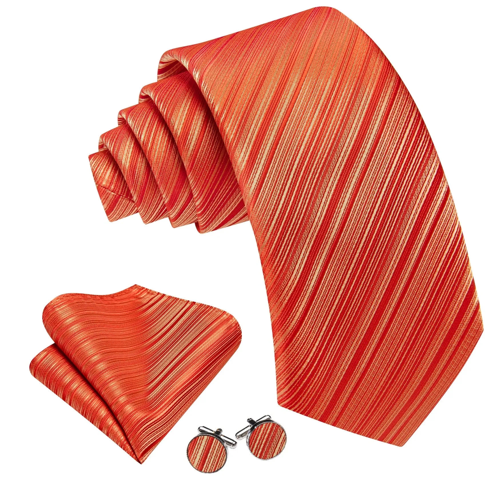 Barry Wang Orange Striped Tie Silk Tie Pocket Square Cufflinks Set sold by Barrywang product image thumbnail 3