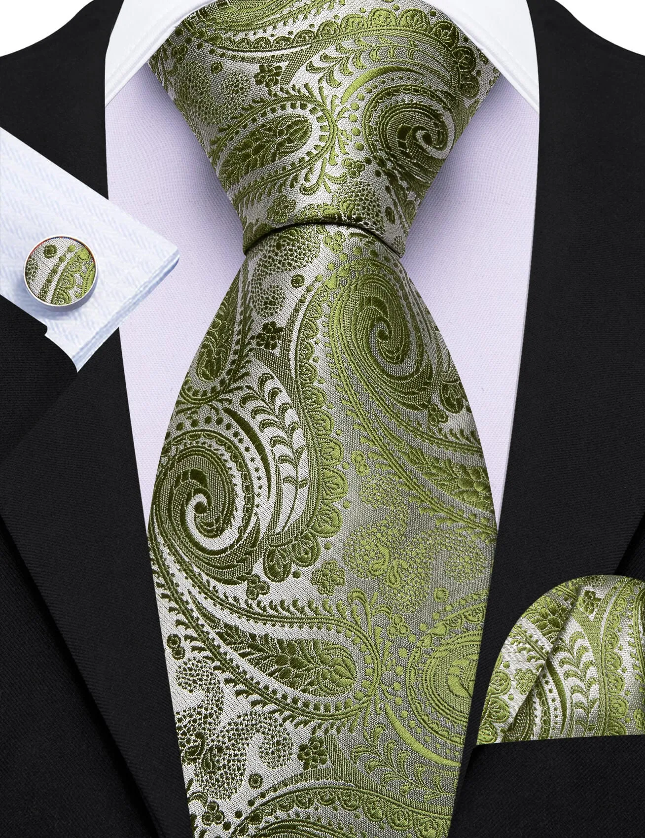 Barry. Wang Olive Green Paisley Ties for Men Silk Necktie Set sold by Barrywang