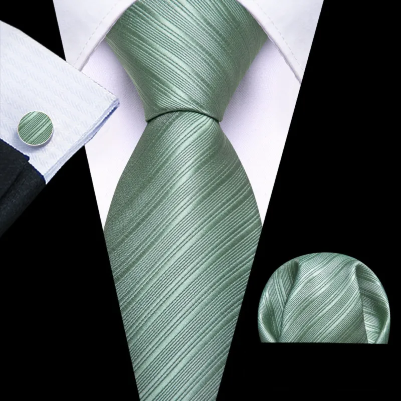 Barry. Wang Mens Tie Set Sage Green Striped Solid Tie Pocket Square Cufflinks sold by Barrywang