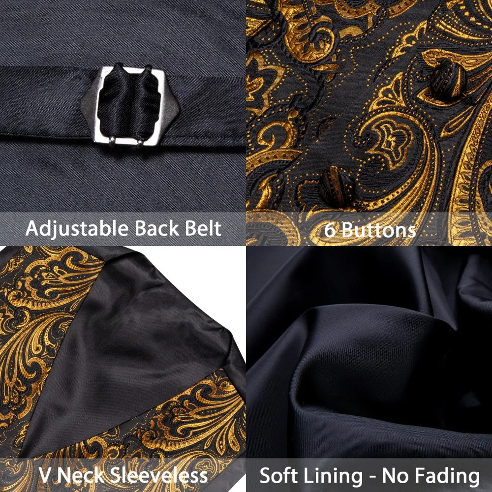Barry. Wang Mens Silk Vest Necktie Set Black Golden Paisley Silk Waistcoat sold by Barrywang product image thumbnail 5
