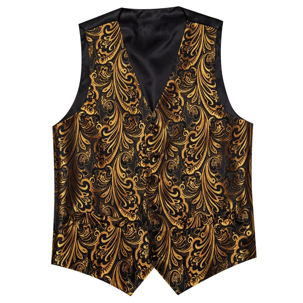 Barry. Wang Mens Silk Vest Necktie Set Black Golden Paisley Silk Waistcoat sold by Barrywang product image thumbnail 4