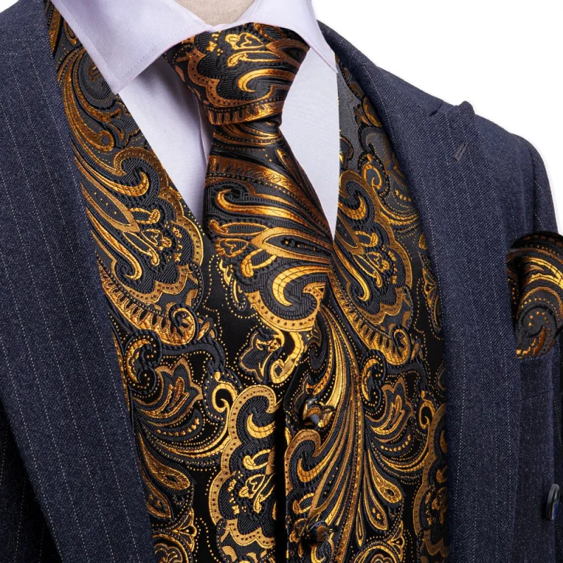 Barry Wang Mens Silk Vest Necktie Set Black Golden Paisley Silk Waistcoat sold by Barrywang