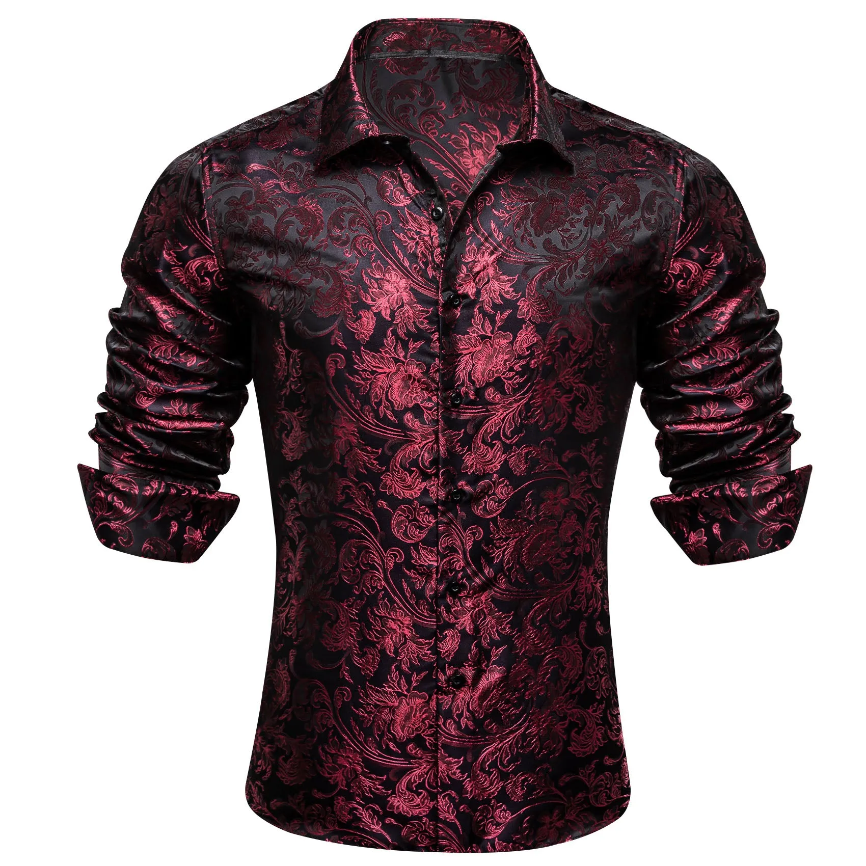 Barry. Wang Black Floral Shirt Silk Long Sleeve Collar Dress Shirt For Men sold by Barrywang product image thumbnail 5