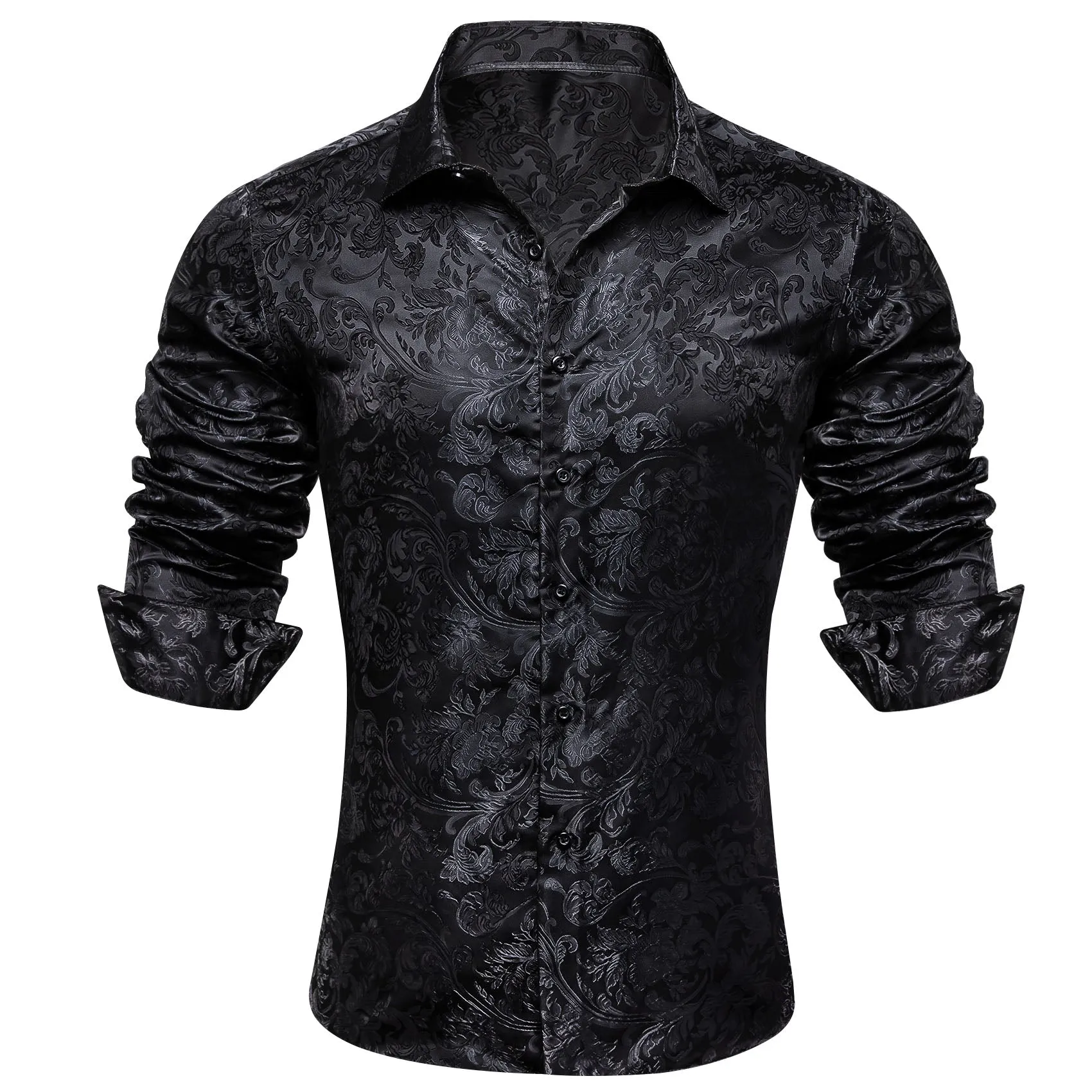Barry. Wang Black Floral Shirt Silk Long Sleeve Collar Dress Shirt For Men sold by Barrywang