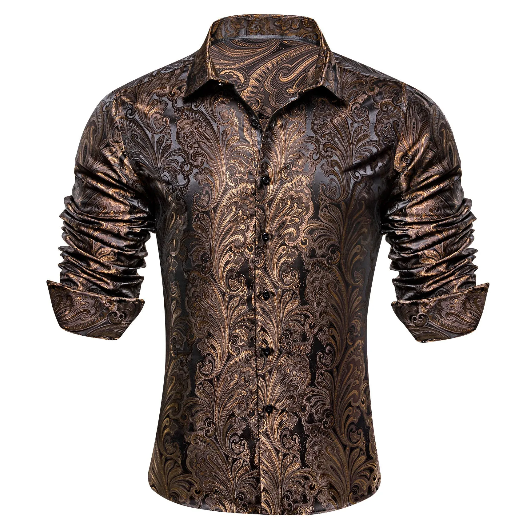 Barry. Wang Brown Floral Shirt Long Sleeve Collar Silk Dress Shirt for Men sold by Barrywang