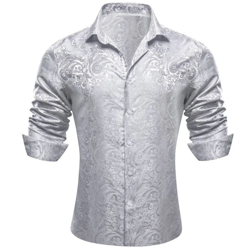 Barry Wang Long Sleeve Shirt Grey White Paisley Men's Silk Dress Shirt sold by Barrywang