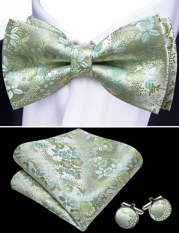 Barry Wang Mens Pre-Tied Bowtie Sage Green Floral Wedding Silk Bowtie Set sold by Barrywang