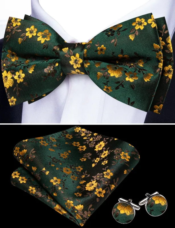 Barry. Wang Mens Pre-Tied Bowtie Green Yellow Floral Wedding Silk Bowtie Set sold by Barrywang