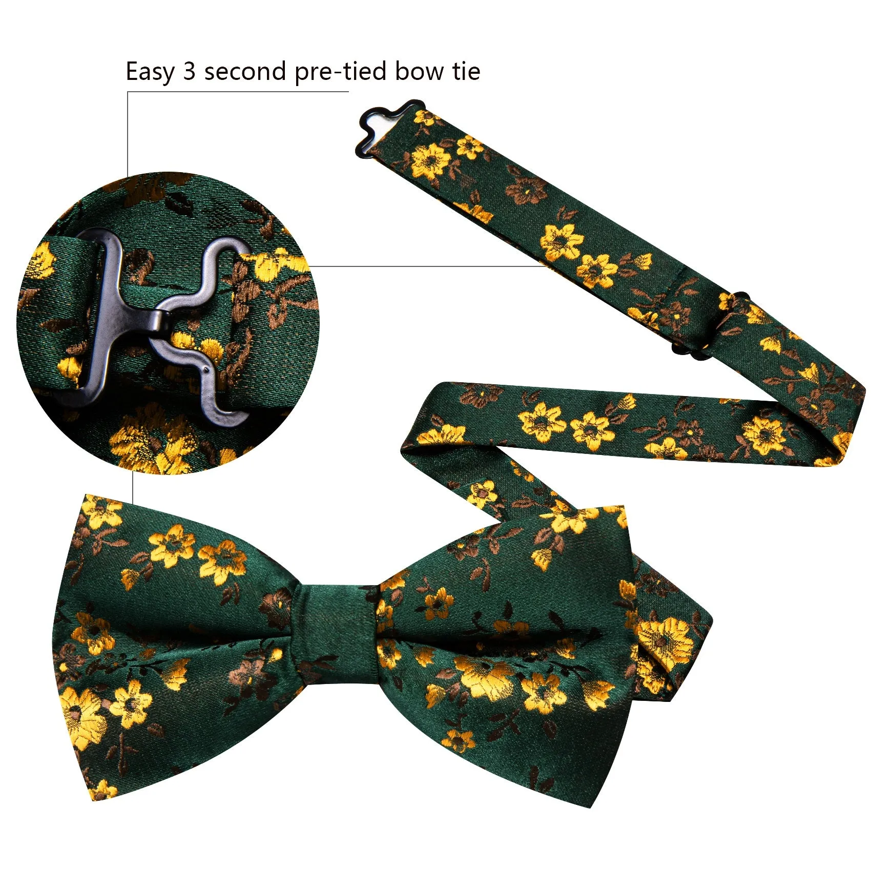 Barry. Wang Mens Pre-Tied Bowtie Green Yellow Floral Wedding Silk Bowtie Set sold by Barrywang product image thumbnail 3