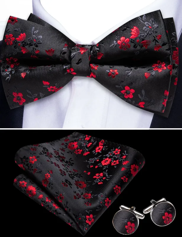 Barry. Wang Mens Pre-Tied Bowtie Black Red Floral Wedding Silk Bowtie Set sold by Barrywang