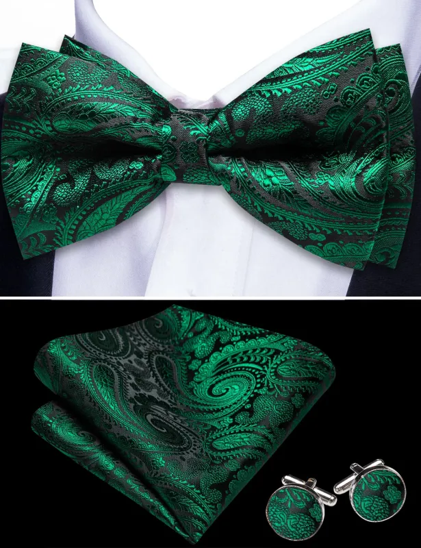Barry. Wang Mens Pre-Tied Bowtie Green Paisley Silk Bowtie Set sold by Barrywang