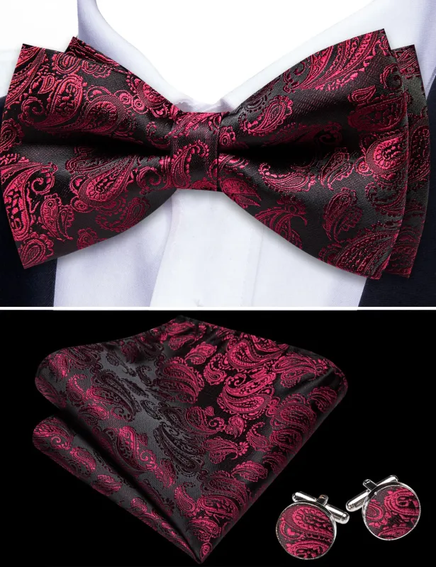 Barry. Wang Mens Pre-Tied Bowtie Black Burgundy Paisley Silk Bowtie Set sold by Barrywang
