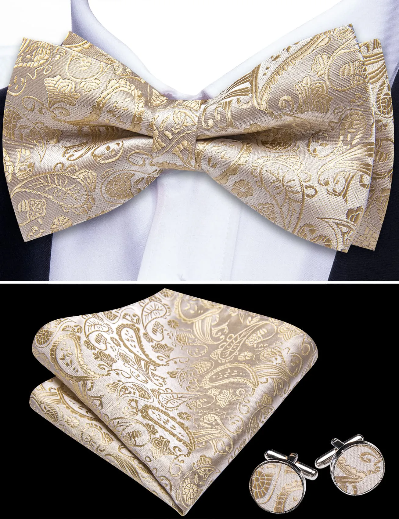 Barry. Wang Pre-Tied Bowtie for Men Champagne Floral Silk Bowtie Set sold by Barrywang