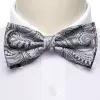 Grey Silver Paisley Pre-tied Bow Tie Hanky Cufflinks Set sold by Barrywang