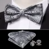 Grey Silver Paisley Pre-tied Bow Tie Hanky Cufflinks Set sold by Barrywang