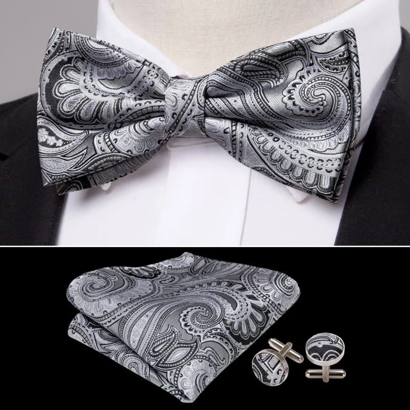 Grey Silver Paisley Pre-tied Bow Tie Hanky Cufflinks Set sold by Barrywang