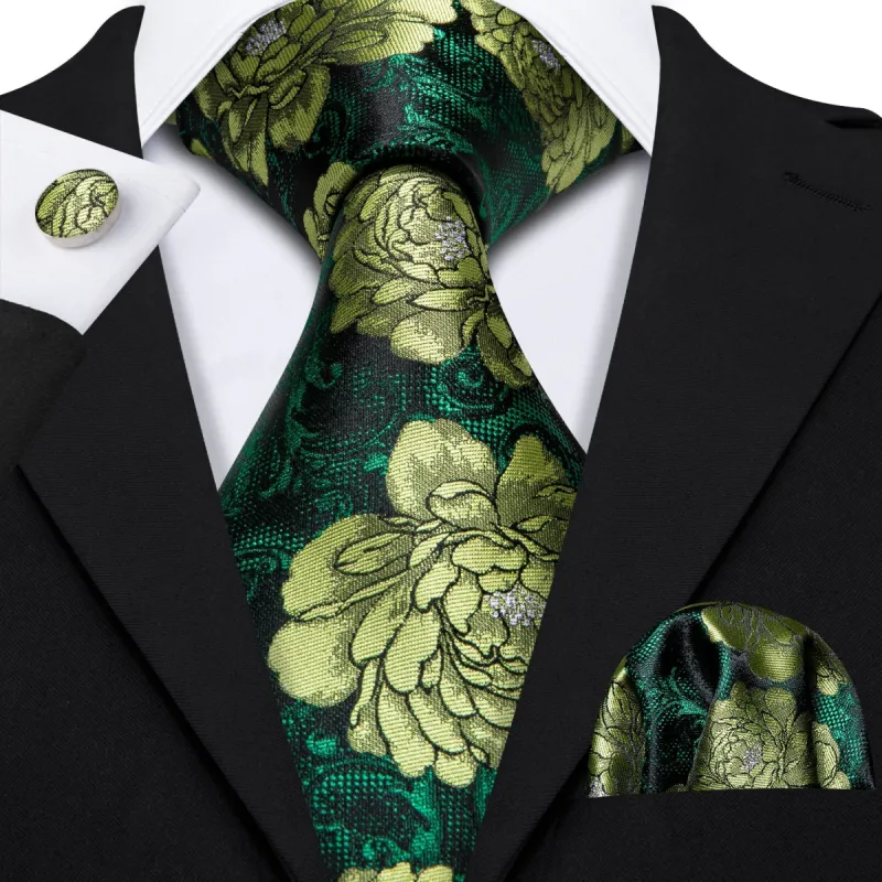 Barry Wang Green Tie Jacquard Floral Men's Silk Tie Hanky Cufflinks Set sold by Barrywang