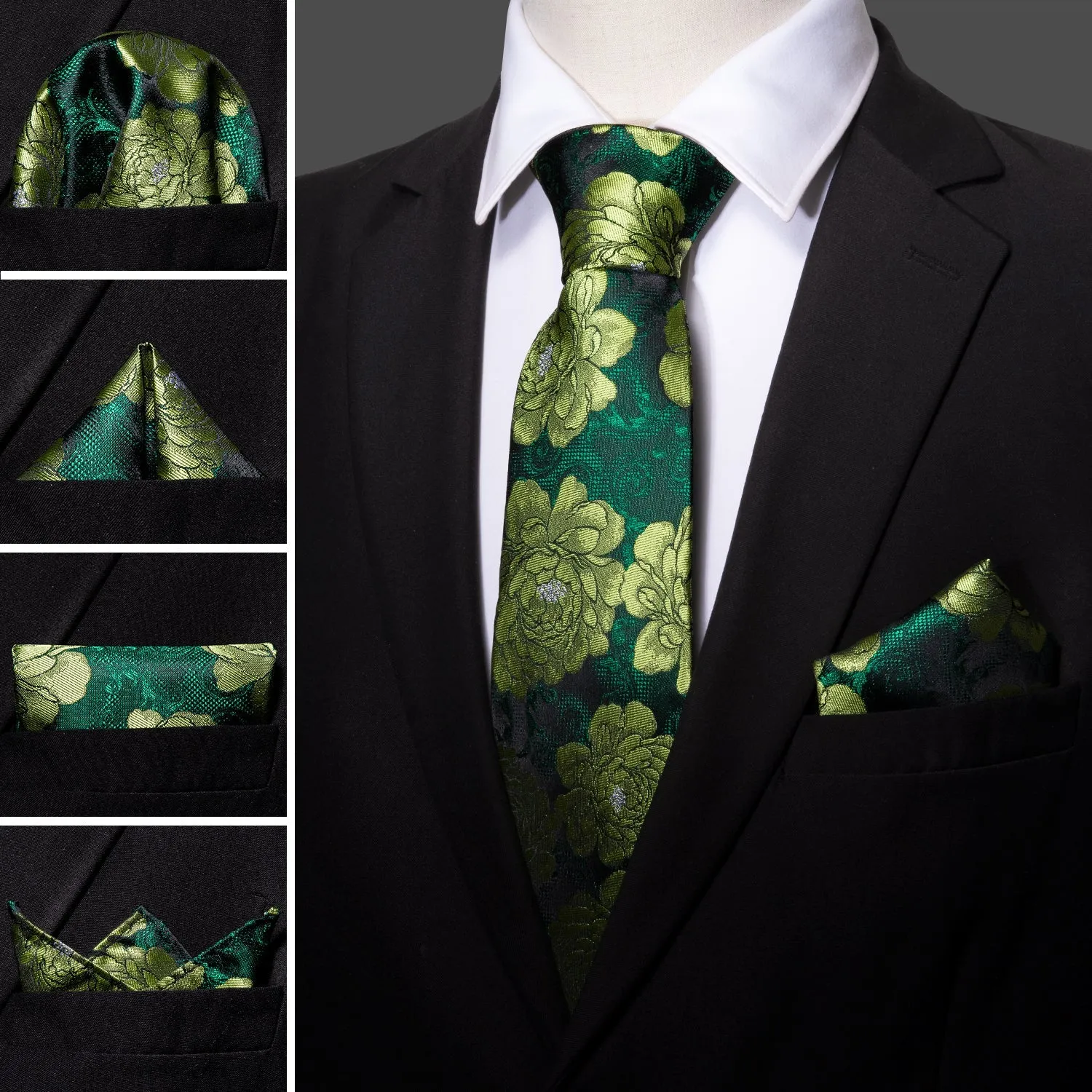 Barry Wang Green Tie Jacquard Floral Men's Silk Tie Hanky Cufflinks Set sold by Barrywang product image thumbnail 2