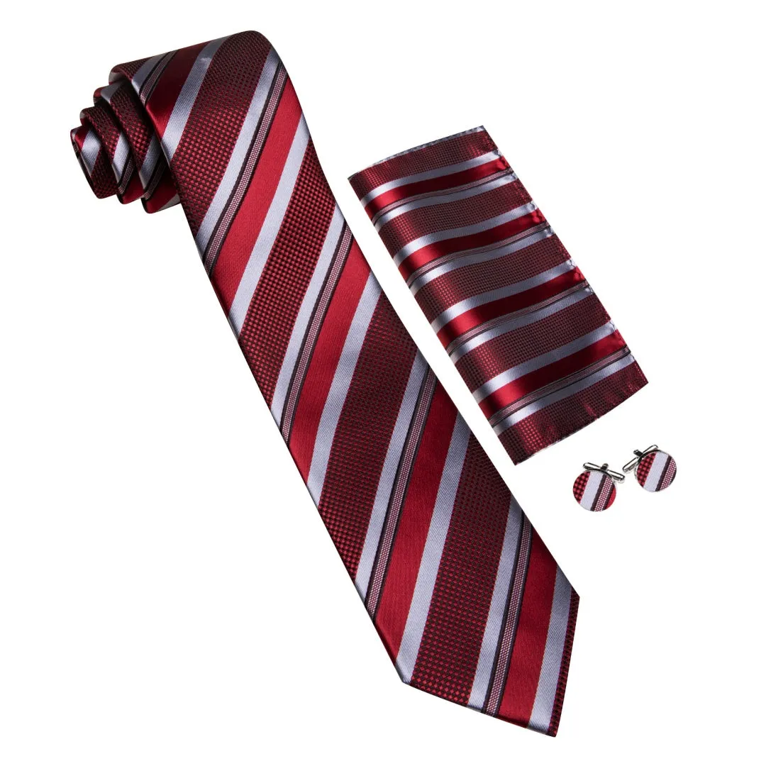 Barry.Wang Mens Ties Burgundy and Grey Striped Tie Pocket Square Cufflinks sold by Barrywang product image thumbnail 4