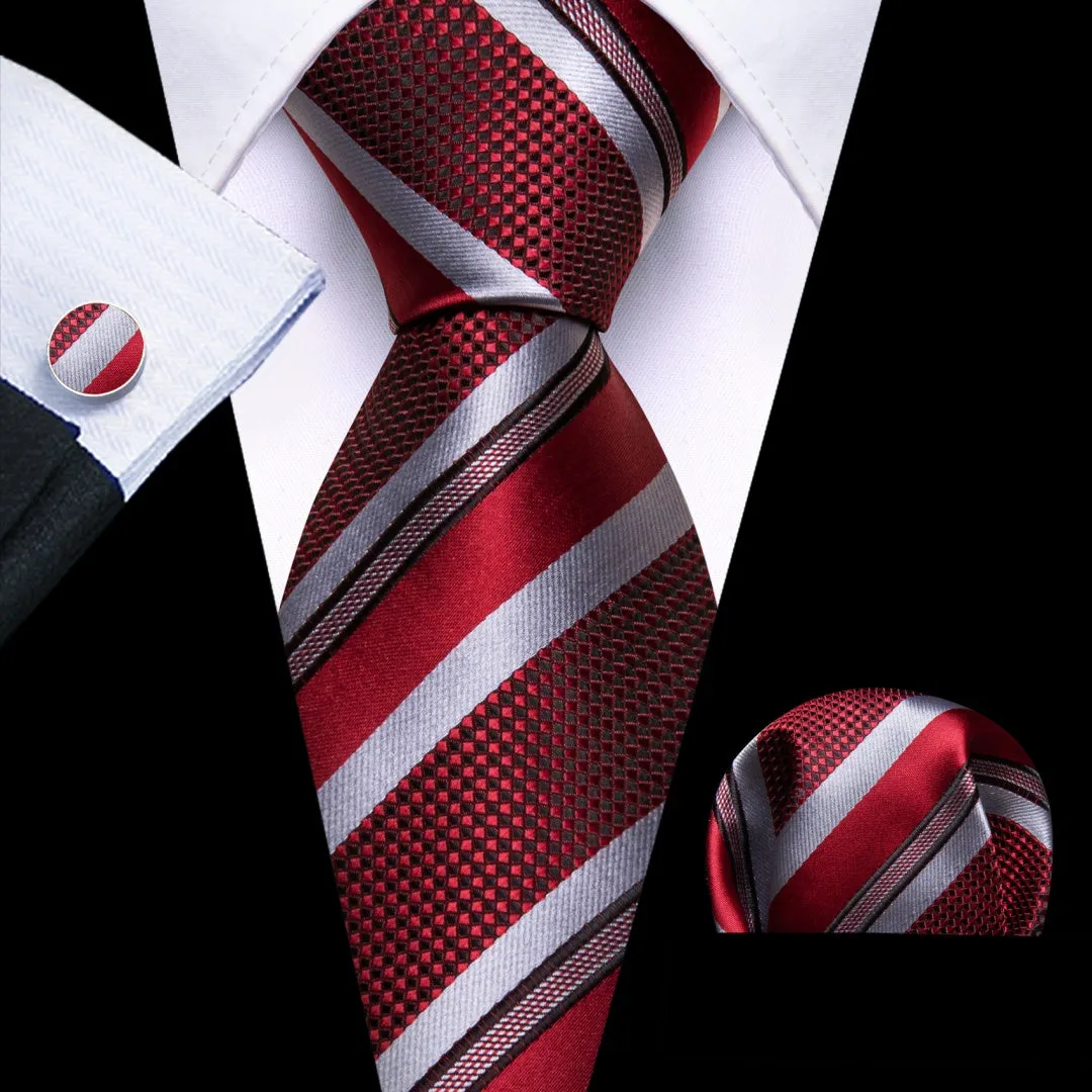 Barry.Wang Mens Ties Burgundy and Grey Striped Tie Pocket Square Cufflinks sold by Barrywang