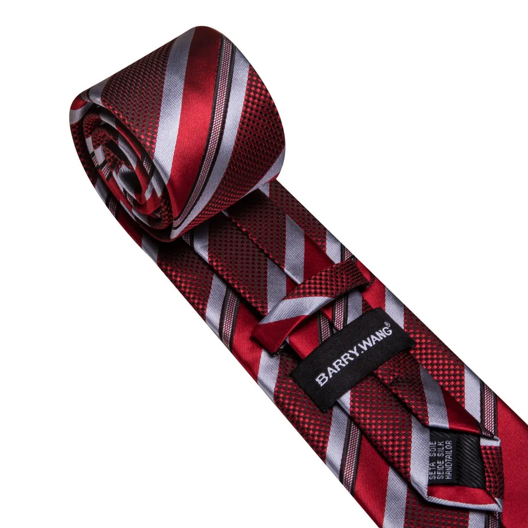 Barry.Wang Mens Ties Burgundy and Grey Striped Tie Pocket Square Cufflinks sold by Barrywang product image thumbnail 3