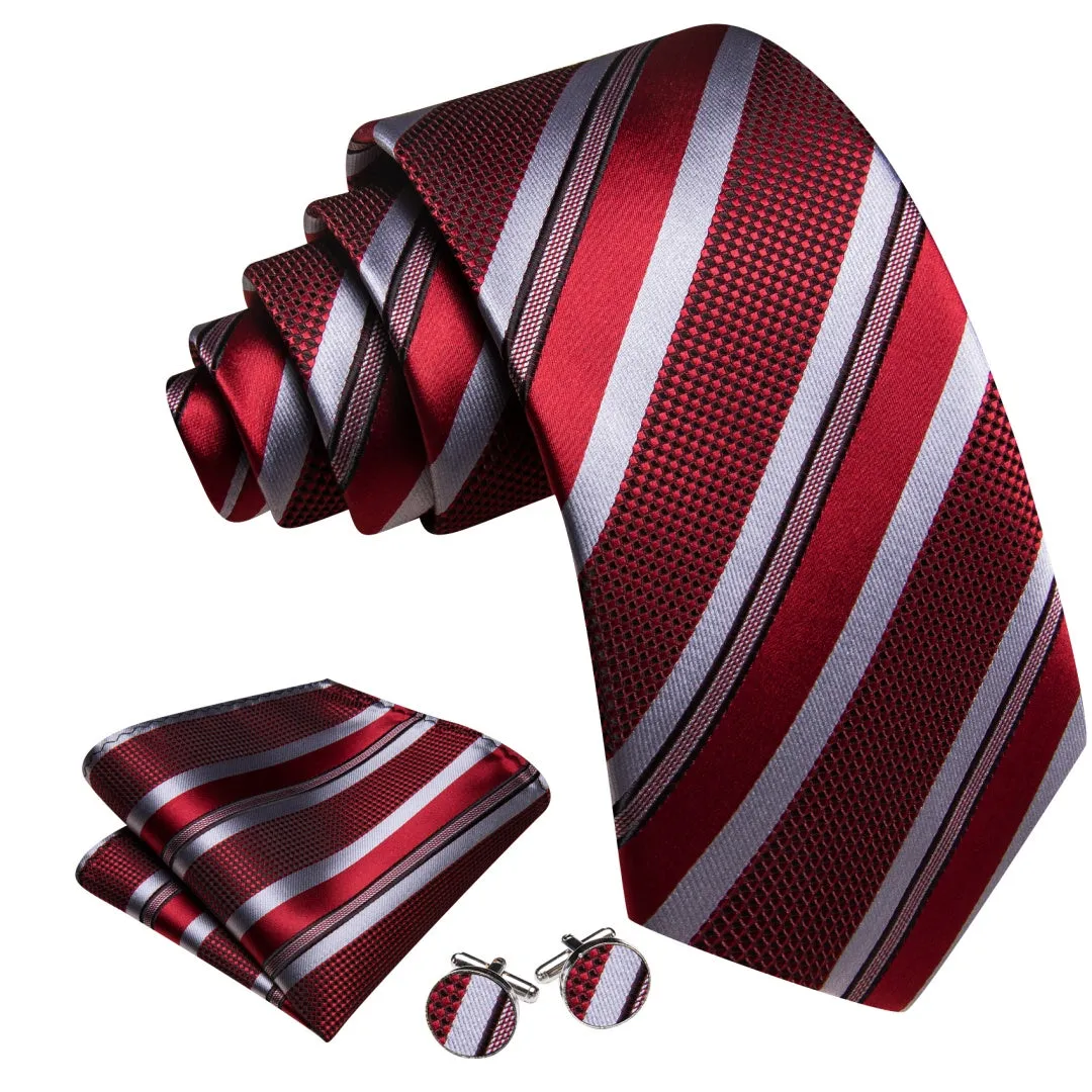 Barry.Wang Mens Ties Burgundy and Grey Striped Tie Pocket Square Cufflinks sold by Barrywang product image thumbnail 2