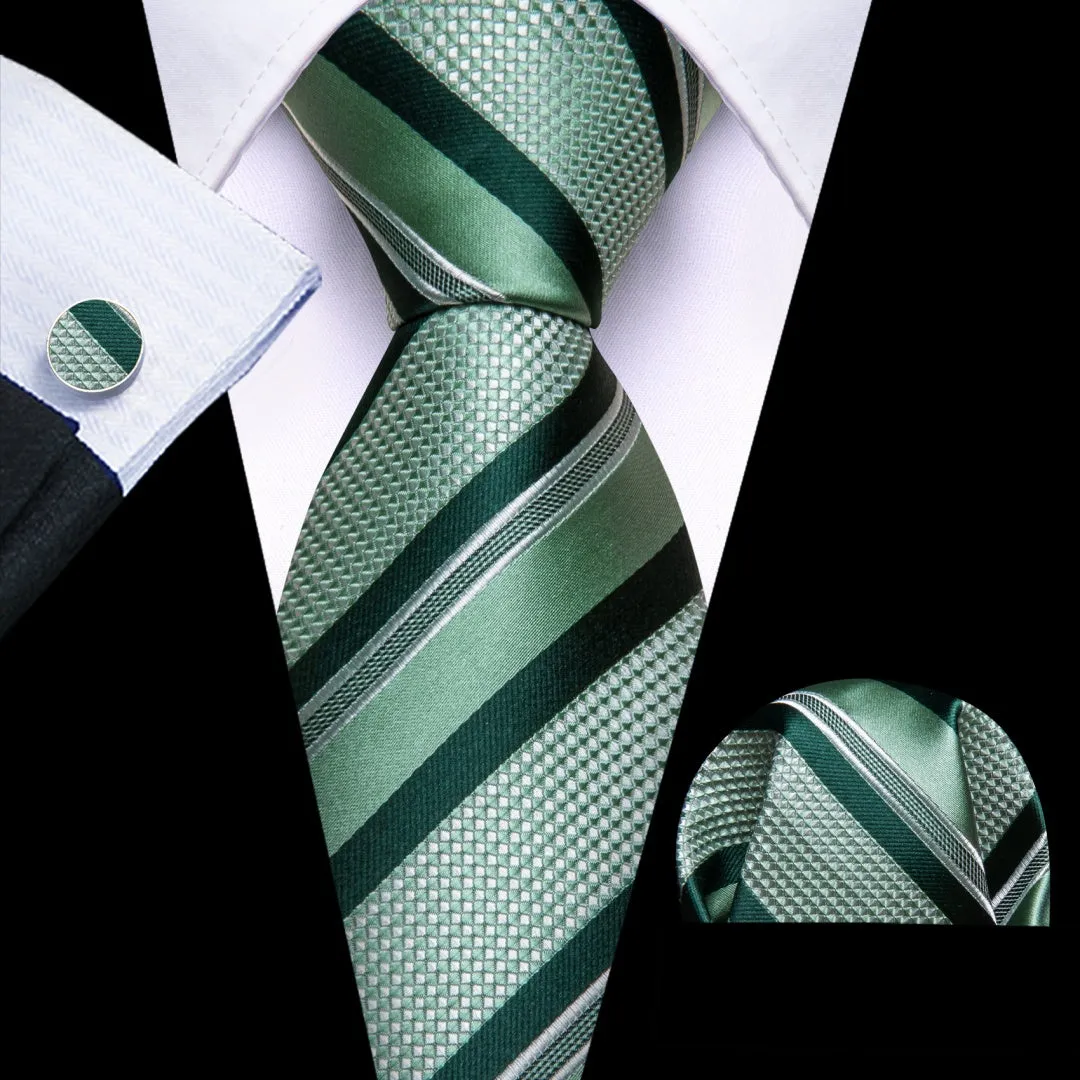 Barry. Wang Men's Green Striped Tie Pocket Square Cufflinks Set sold by Barrywang