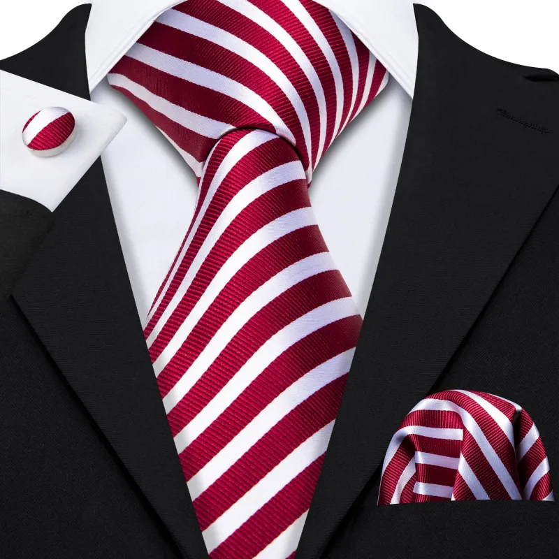 Barry Wang Red Necktie White and Red Stripes Tie Hanky Cufflinks Set sold by Barrywang
