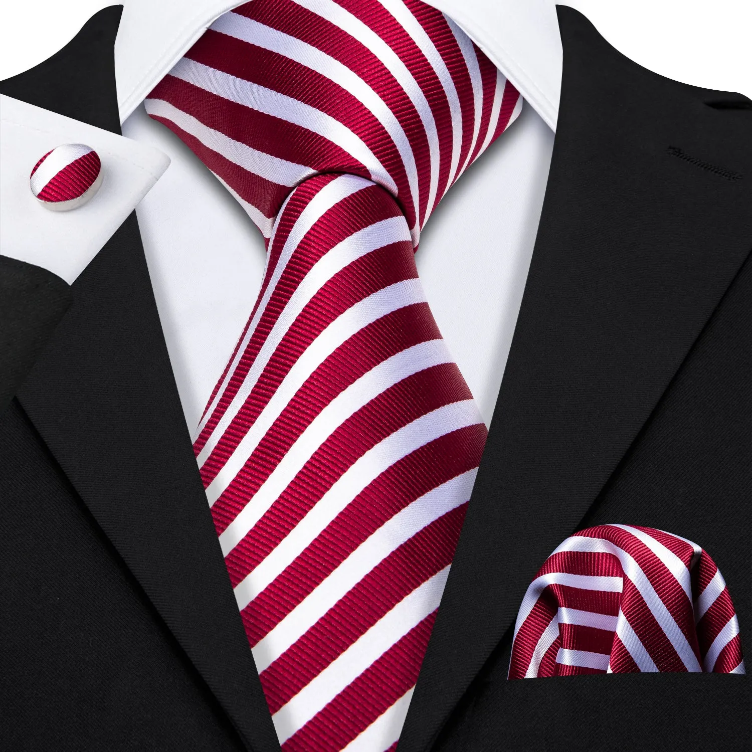 Barry Wang Red Necktie White and Red Stripes Tie Hanky Cufflinks Set sold by Barrywang