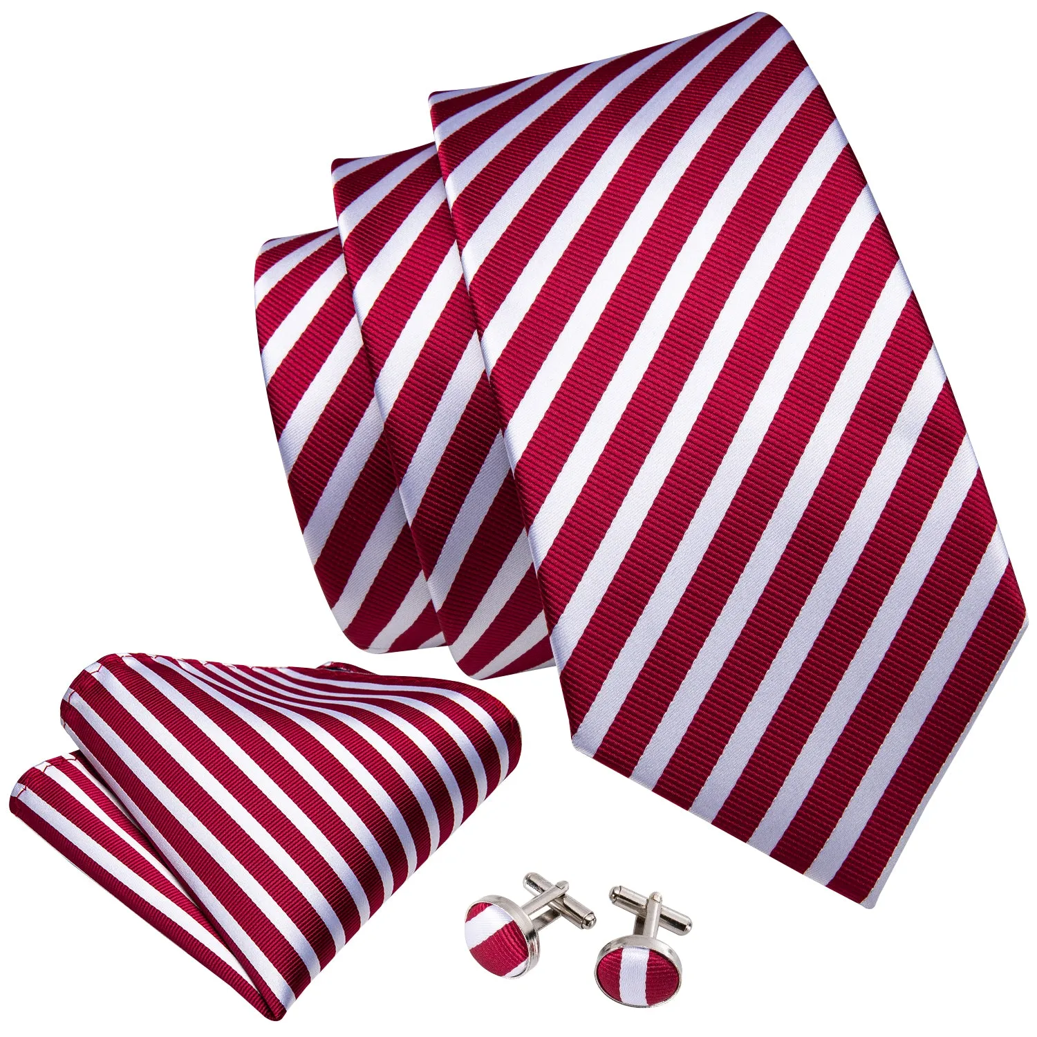 Barry Wang Red Necktie White and Red Stripes Tie Hanky Cufflinks Set sold by Barrywang product image thumbnail 3