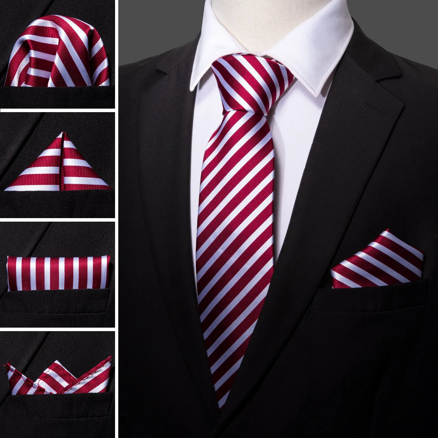 Barry Wang Red Necktie White and Red Stripes Tie Hanky Cufflinks Set sold by Barrywang product image thumbnail 2