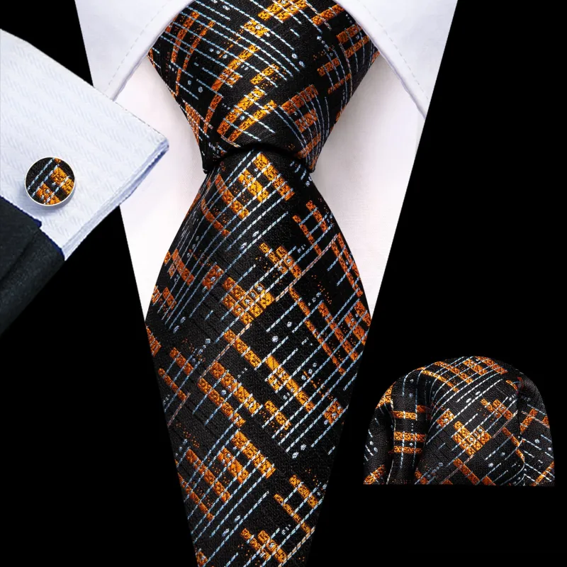 Barry Wang Black Grey Golden Tie Geometric Necktie Set Casual sold by Barrywang