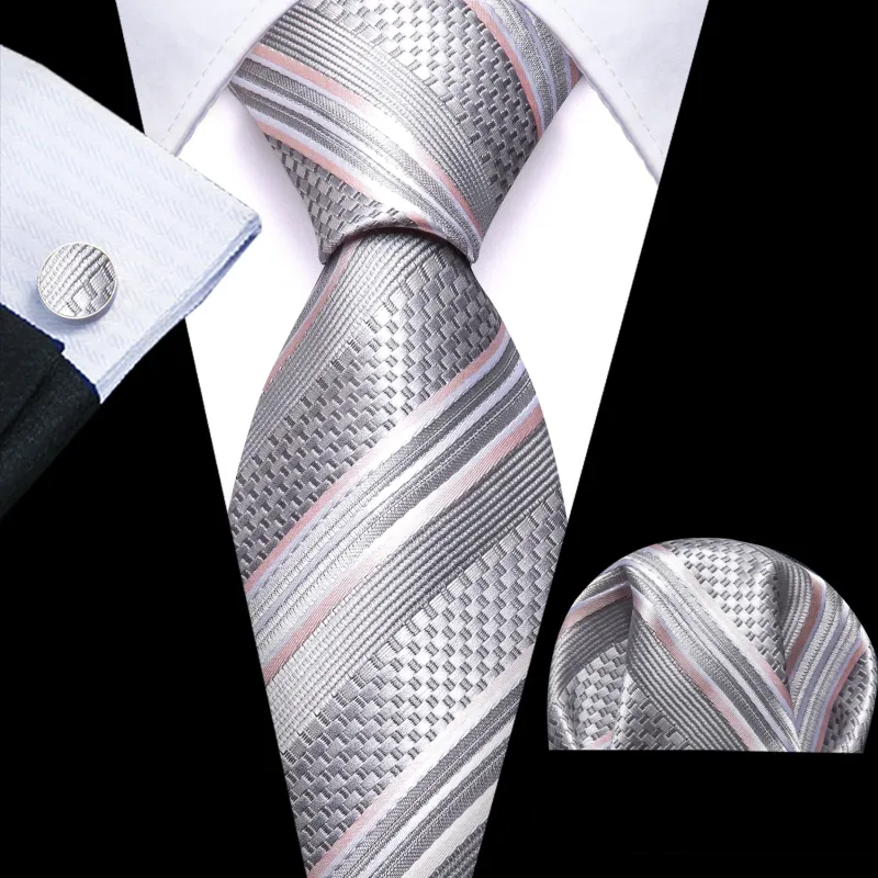 Barry Wang Silver Grey Striped Men Tie Handkerchief Pocket Set sold by Barrywang